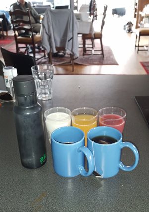 Fast brekkie, buttermilk, proviva, juice, tea, coffee and 500ml water
